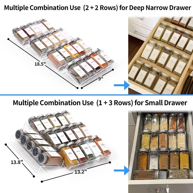 MIUKAA Clear Acrylic Spice Drawer Organizer, 4 Tier- 2 Set Expandable From 9" to 18" Seasoning Jars Drawers Insert, Kitchen Spice Rack Tray for Drawer/Countertop (Jars not included) - Image 3